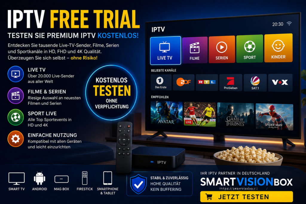 IPTV Free Trial promotional banner in German showing a modern smart TV streaming interface with live TV, Filme, Serien, Sport, and Kinder categories. The image highlights IPTV Free Trial features including HD and 4K streaming, stable performance, Android and Firestick compatibility, and SmartVisionBox branding for germany iptv user