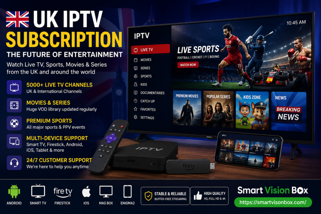 Promotional banner for a UK IPTV subscription service showing a modern IPTV streaming setup with smart TV, Firestick, Android devices, live sports, movies, and entertainment channels displayed on screen, featuring HD and 4K streaming support with Smart Vision Box branding