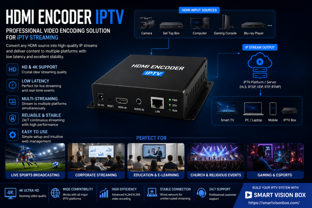 Professional HDMI encoder IPTV infographic showing a modern IPTV streaming device connected to cameras, gaming consoles, computers, and smart TVs with features including 4K streaming, low latency, multi-streaming support, and stable IPTV broadcasting for live sports, corporate streaming, education, and gaming