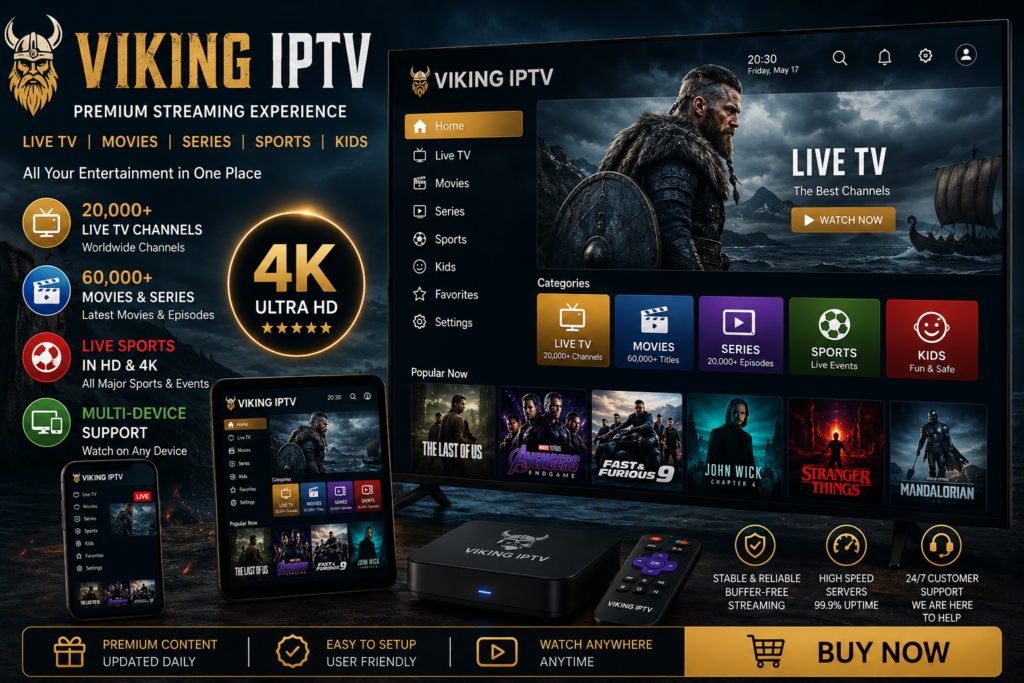 Viking IPTV premium streaming banner featuring a futuristic smart TV with live TV, sports, movies, and 4K entertainment categories. The image includes smartphone, tablet, IPTV box, remote control, Viking-themed streaming interface, and multi-device entertainment technology with dark cinematic lighting.